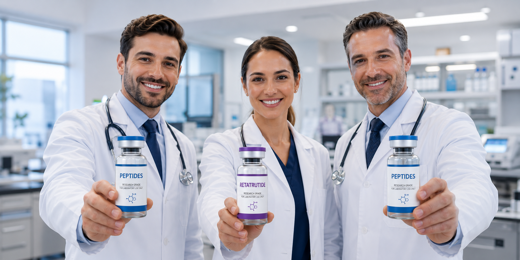 Three experienced medical professionals holding premium peptide and Retatrutide research vials in a modern clinical laboratory.