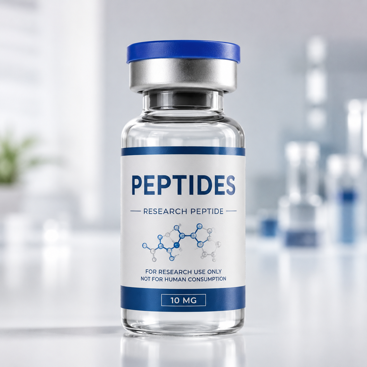 Premium research peptide vial with a clean pharmaceutical-style label displayed on a white reflective studio surface.