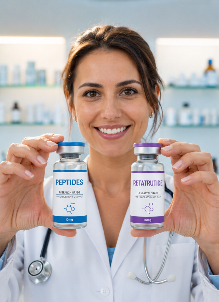 Female medical professional holding premium peptide and Retatrutide research vials in a modern clinical laboratory.